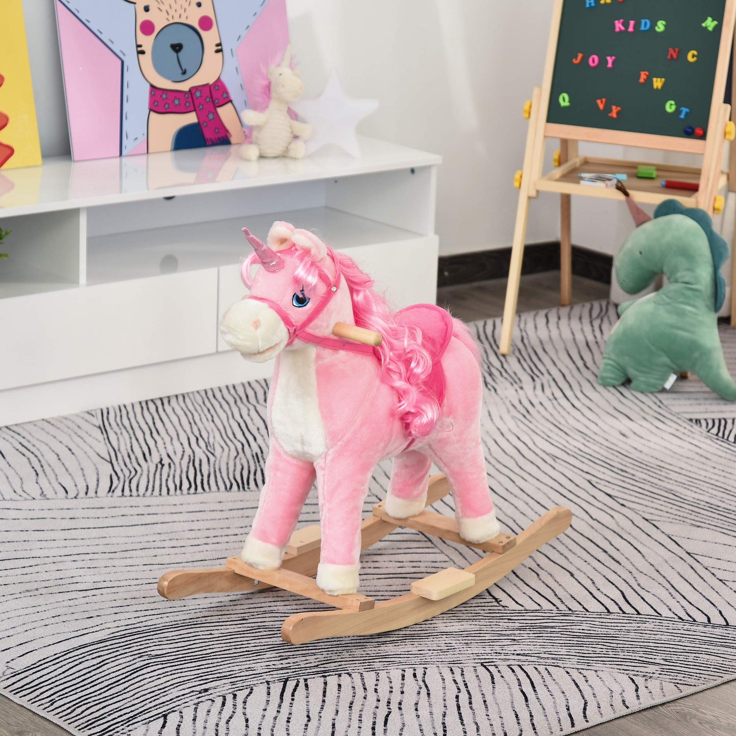 HOMCOM Cavallo a Dondolo per Bambini 36-72 Mesi, Unicorno a Dondolo con Suoni in Legno e Peluche Rosa, 74x33x62cm