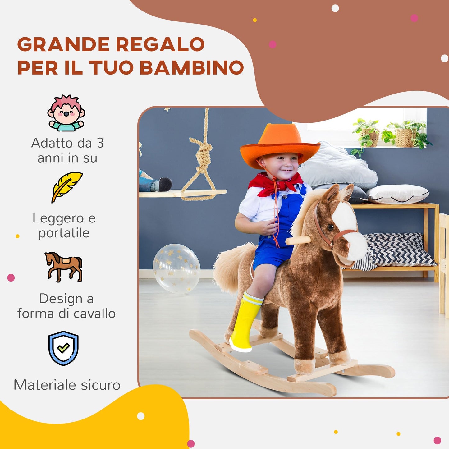 HOMCOM Cavallo a Dondolo in Legno Giocattolo Cavalcabile Bambini Peluche 74 × 33 × 62cm