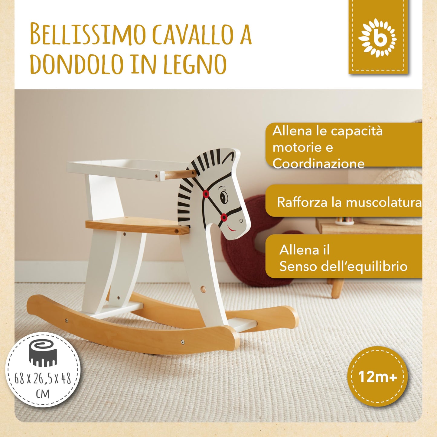 Bieco Cavallo a Dondolo Zebra | 68x26,5x48cm | Cavalcabile Bambino 1 Anno | Cavallo a Dondolo per Bambini Cavallino a Dondolo Bambini Cavallo Cavalcabile per Bambini Cavallino a Dondolo Bambini 1 Anno