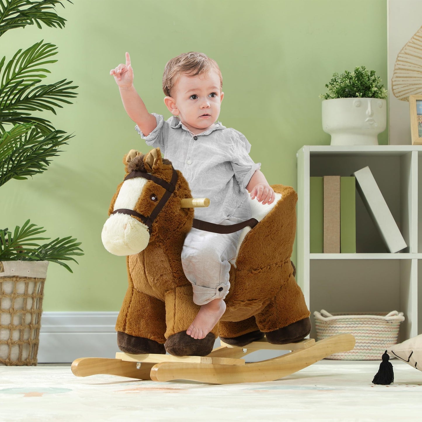 AIYAPLAY Cavallo a Dondolo per Bambini 18-36 Mesi, Cavallino in Peluche con Suoni, Base in Legno e Cintura di Sicurezza, Marrone