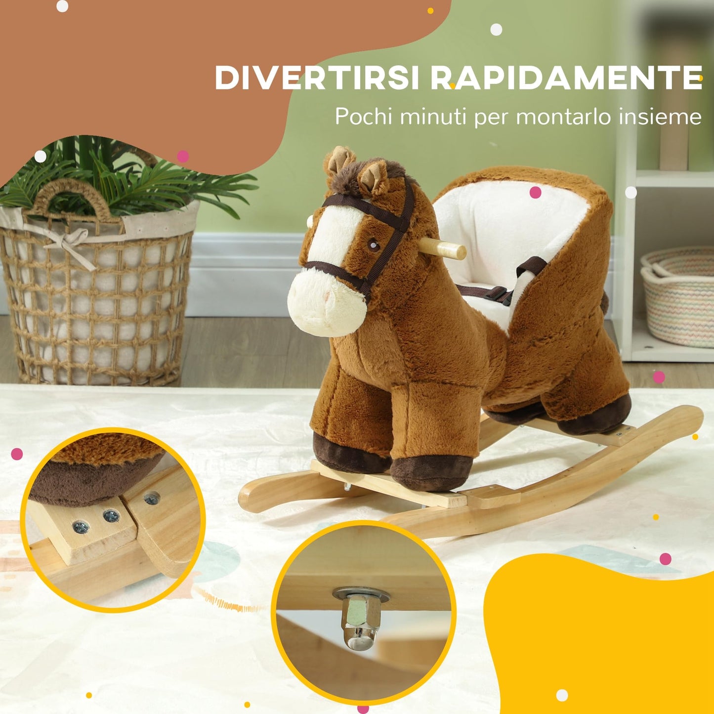 AIYAPLAY Cavallo a Dondolo per Bambini 18-36 Mesi, Cavallino in Peluche con Suoni, Base in Legno e Cintura di Sicurezza, Marrone