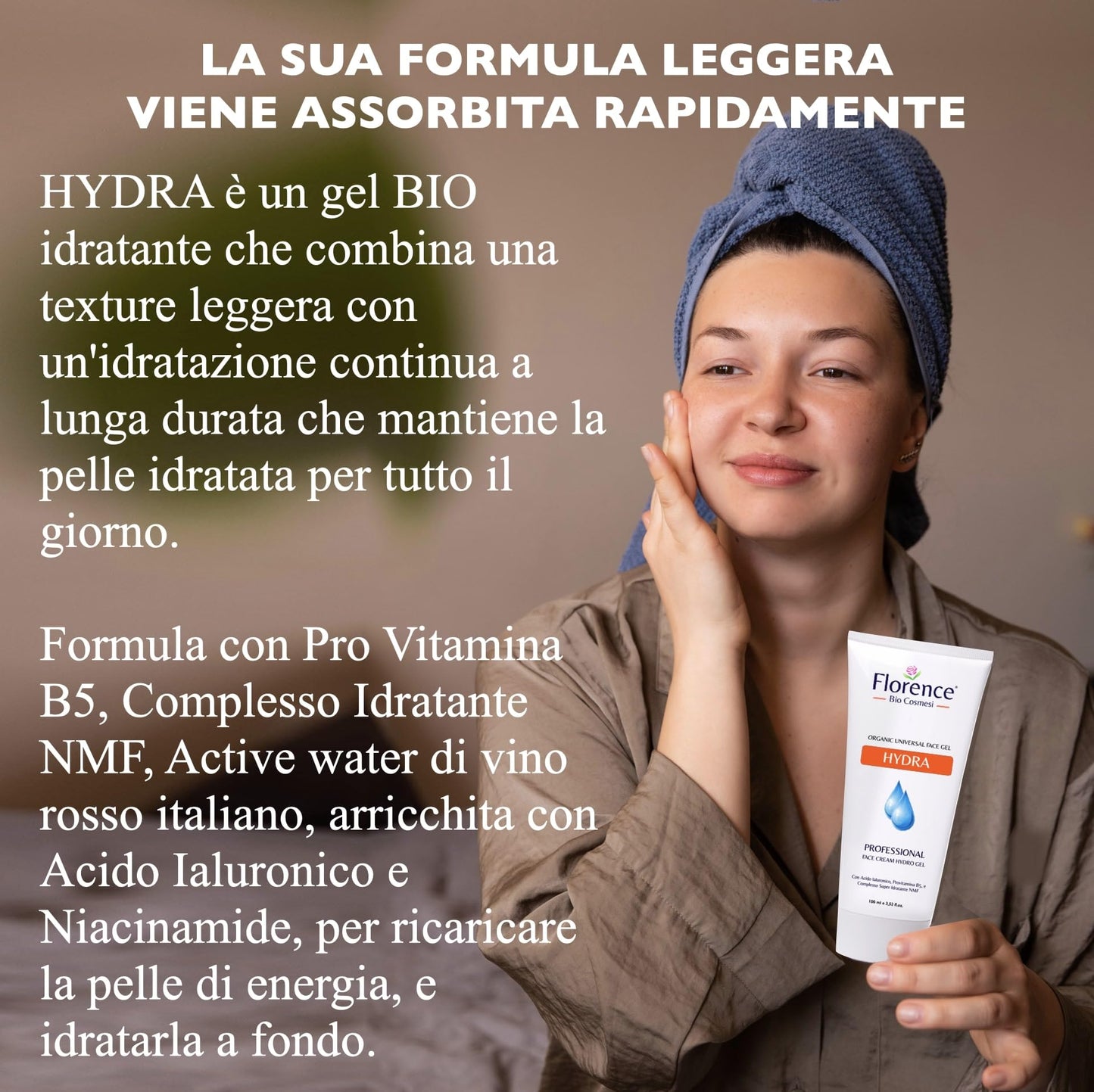 Crema Gel Viso con Ingredienti Antirughe, Acido Ialuronico e Niacinamide. Idratante Donna e Uomo, Hydra Florence Organic Face per Pelle Luminosa, Rivitalizzata e Levigata Texture Leggera,100 ml