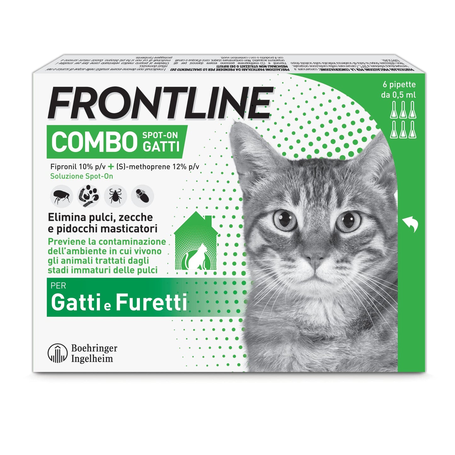 FRONTLINE Combo, 6 Pipette, Antiparassitario per Gatti, Gattini e Furetti di Lunga Durata, Protegge da Pulci, Zecche, Uova, Larve e Anche la Casa, Antipulci In Confezione da 6 Pipette da 0.5 ml