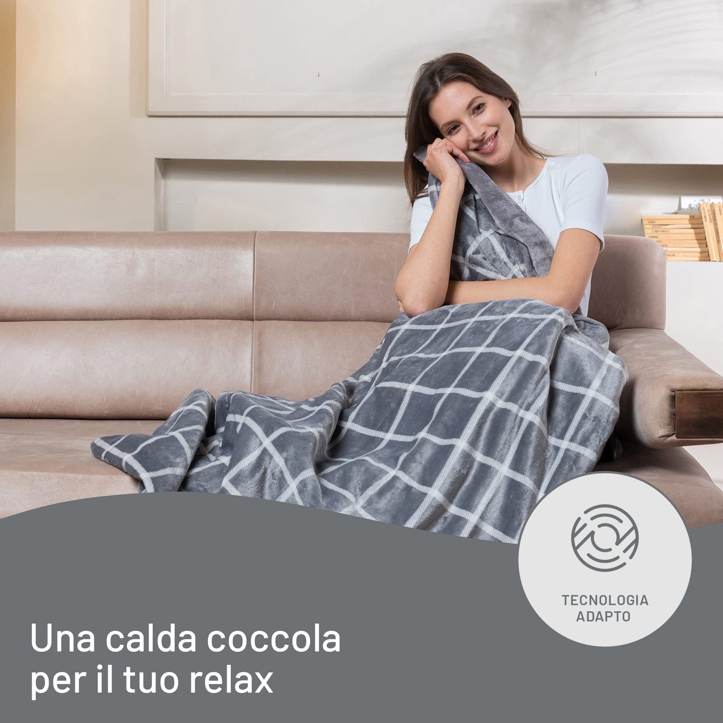 Imetec CaldoPlaid Velvet Square Plaid Riscaldabile, Morbida Coperta Elettrica 150x95 cm, Basso Consumo, Tecnologia Adapto, Dispositivo di Sicurezza, Rapido Riscaldamento, 6 Temperature, Lavabile