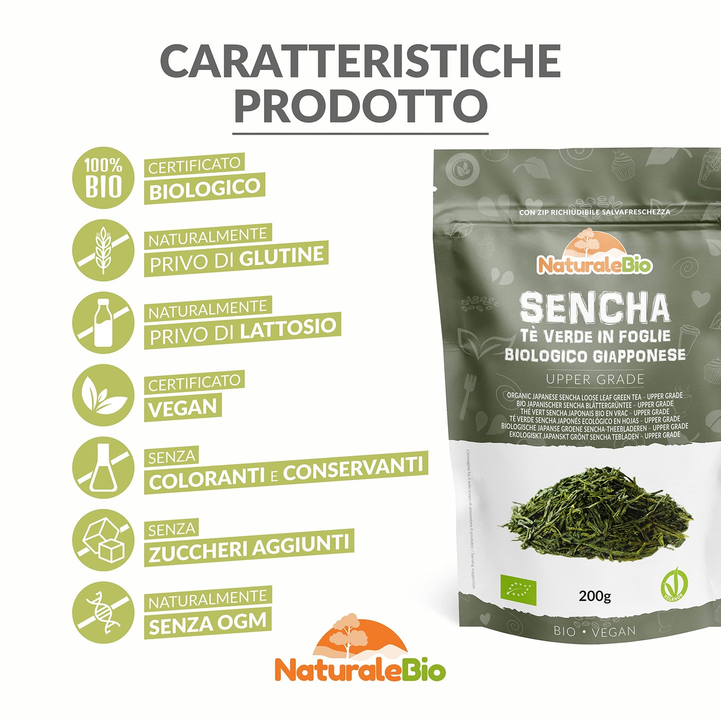 Tè verde Sencha Giapponese Biologico - Upper Grade - da 200g. Bio, Naturale e Puro, Thè verde in foglie di primo raccolto coltivato in Giappone. NaturaleBio