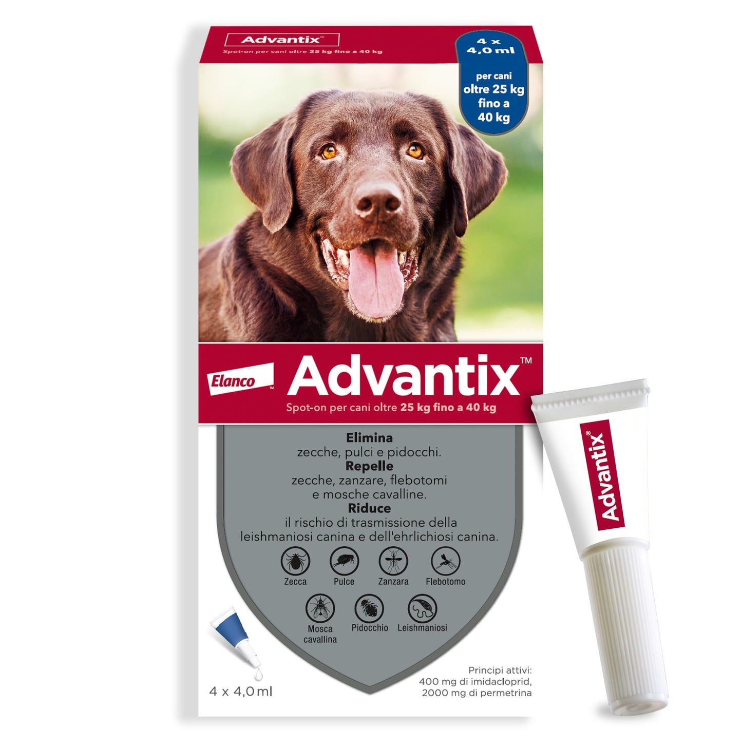 Advantix® Spot-on antiparassitario per Cani da 25 kg a 40 Kg, 4 pipette da 4,0 ml. Elimina zecche, pulci, pidocchi in casa. Protegge da zanzare, pappataci e rischio di leishmaniosi.