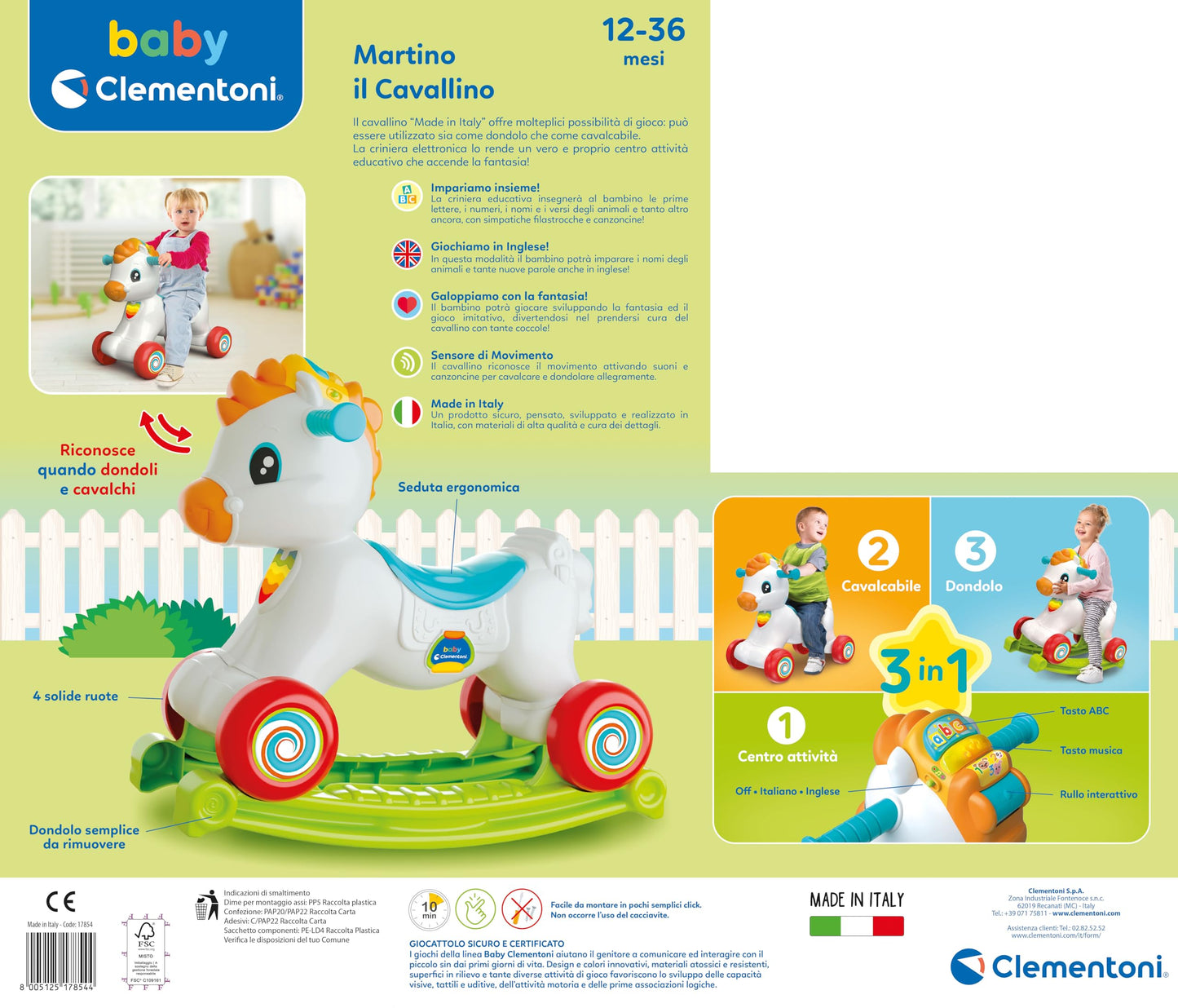 Baby Clementoni - Martino il Cavallino, Ride On 3 in 1 Educativo Bambino 12-36 Mesi, Gioco Parlante Italiano e Inglese, Giocattolo Primi Passi con Suoni e Luci, Made in Italy, Lingua Italiana, 17854