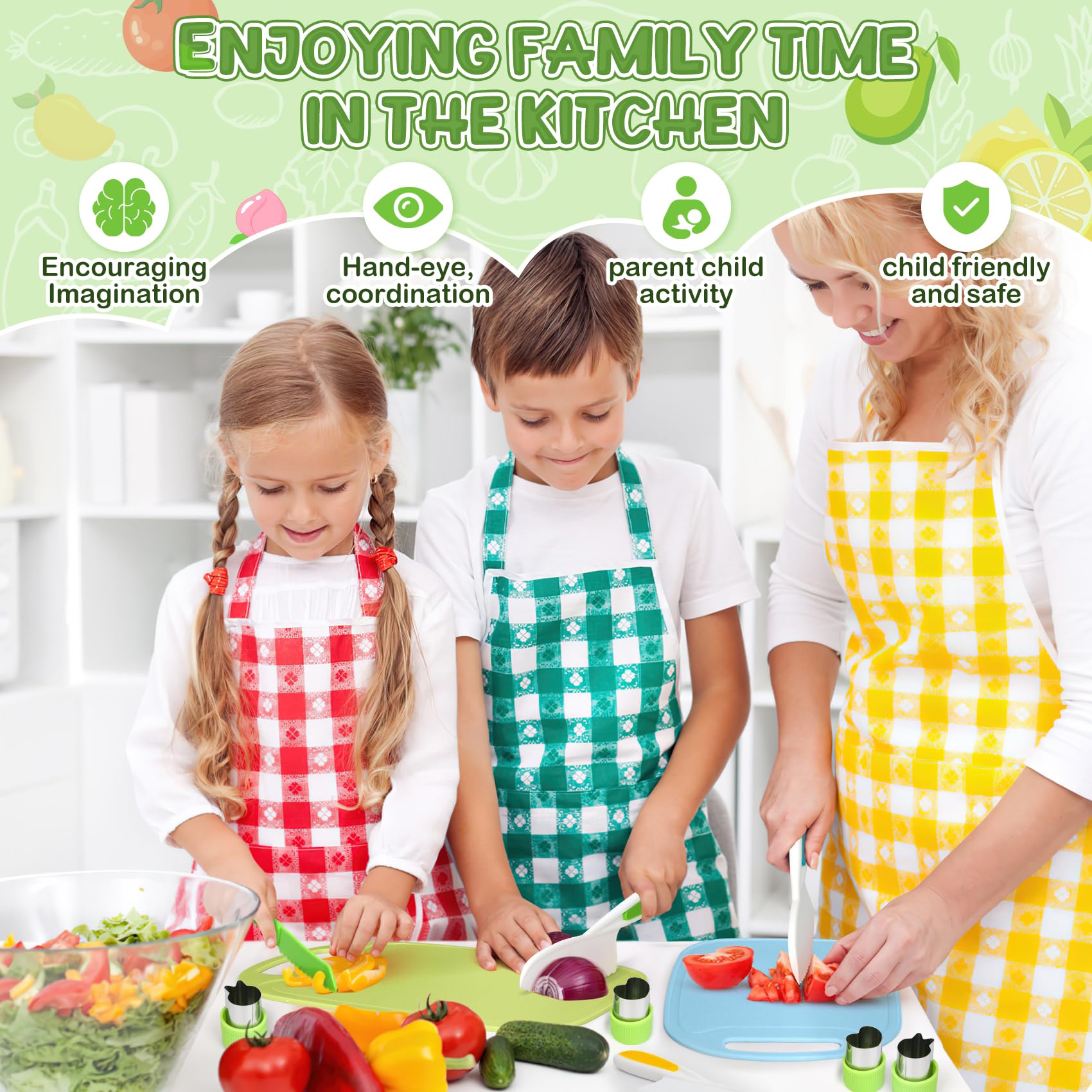 Set Coltelli Per Bambini - 20 Pezzi Sicuri In Legno E Acciaio - Con Tagliere E Accessori - Foto 6