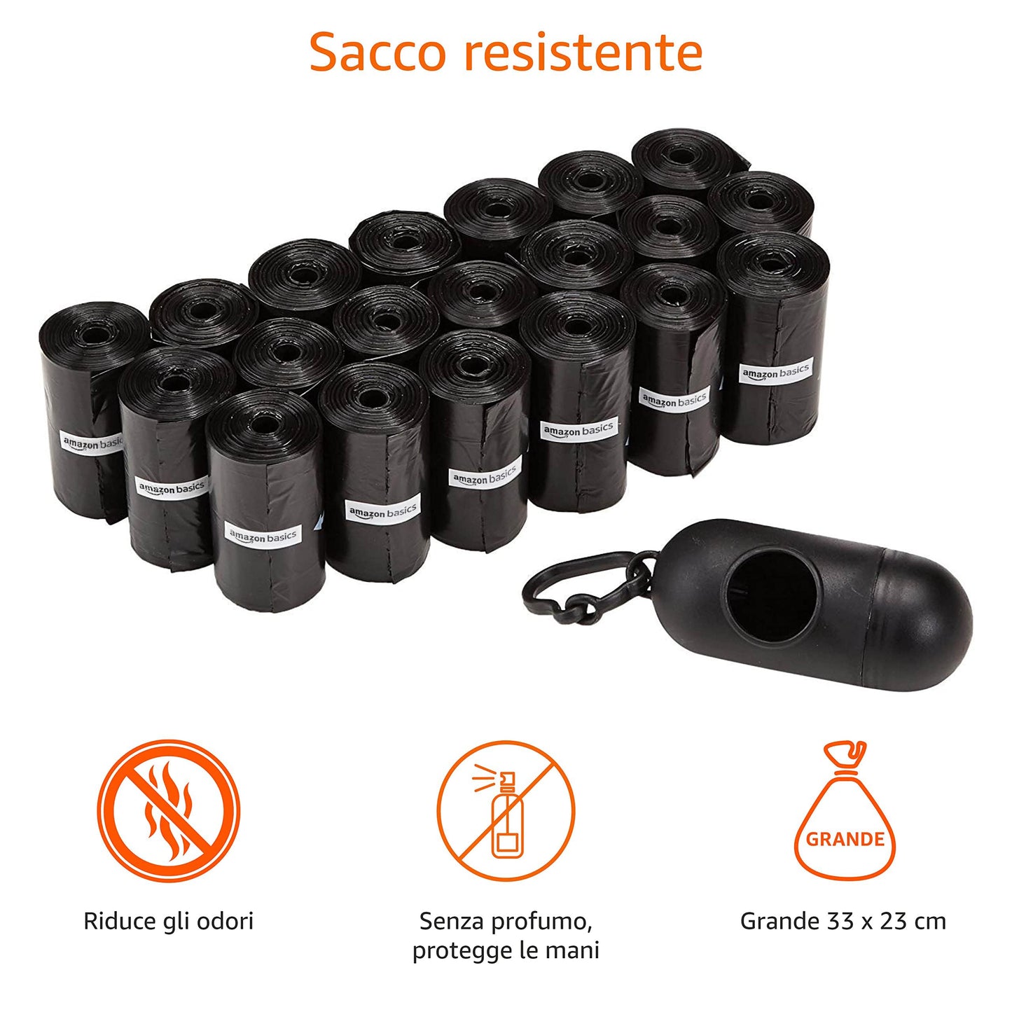 Amazon Basics Sacchetti per bisogni dei cani, con dispenser e clip per guinzaglio, Senza profumazione, 300 unità, 20 confezioni da 15