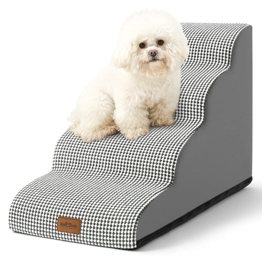 COZY KISS Scale per Cani di Piccola, Scale per Animali per Letto, Divano e Sedia, Rampa per Gatti con Rivestimento Lavabile e Fondo Antiscivolo, Leggera, 40x72x50cm, 4 Gradini, Bianco Nero