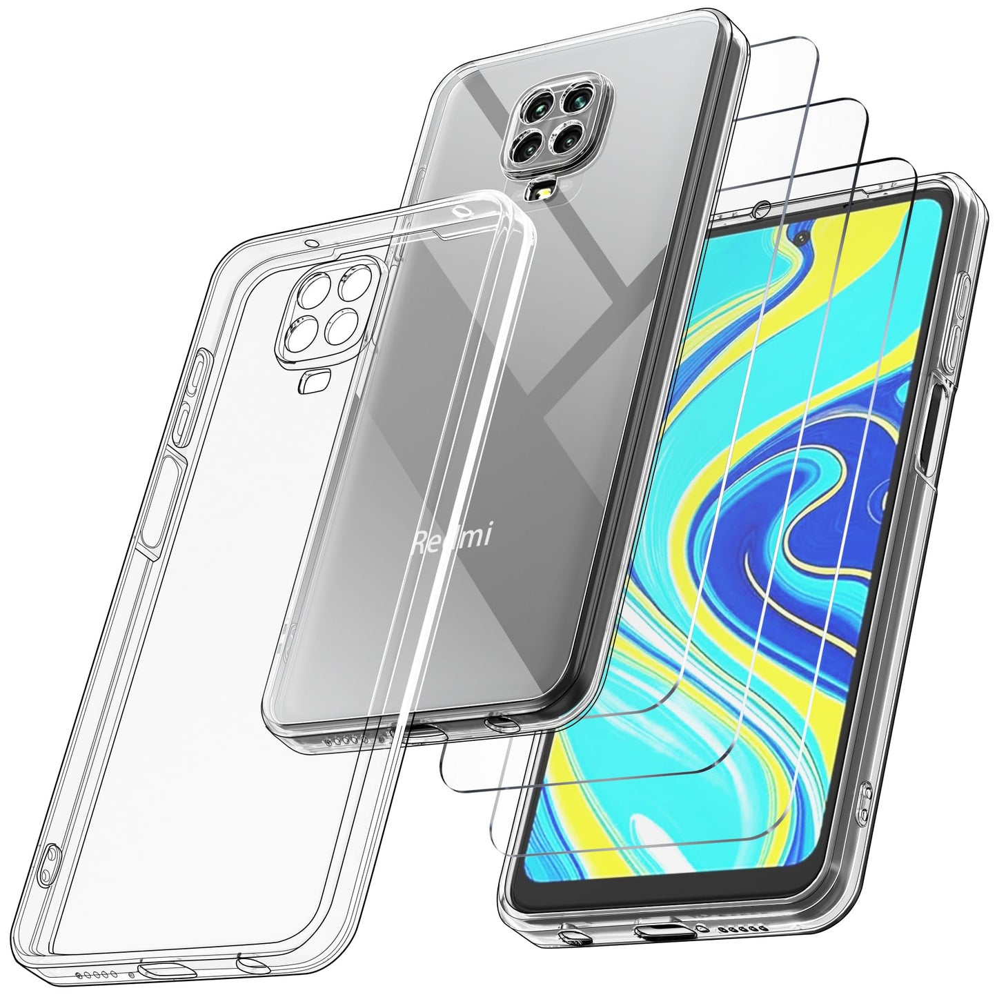 Didisky Custodia Cover per Xiaomi Redmi Note 9S, Note 9 Pro, Note 9 Pro Max+ 3 Pezzi Pellicola Protettiva in Vetro Temperato, Resistente ai GraffiSilicone AntiurtoTrasparente TPU Protezione Cover