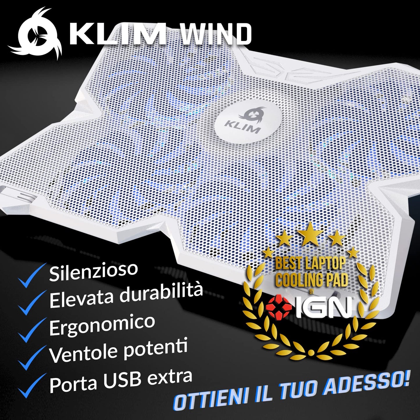 KLIM Wind - Base di raffreddamento PC Portatile + Più di 500 000 unità vendute + NUOVA 2024 + Il più potente Supporto PC portatile + Azione Rapida 1200 RPM + Gaming laptop PS5 et PS4 + Bianca