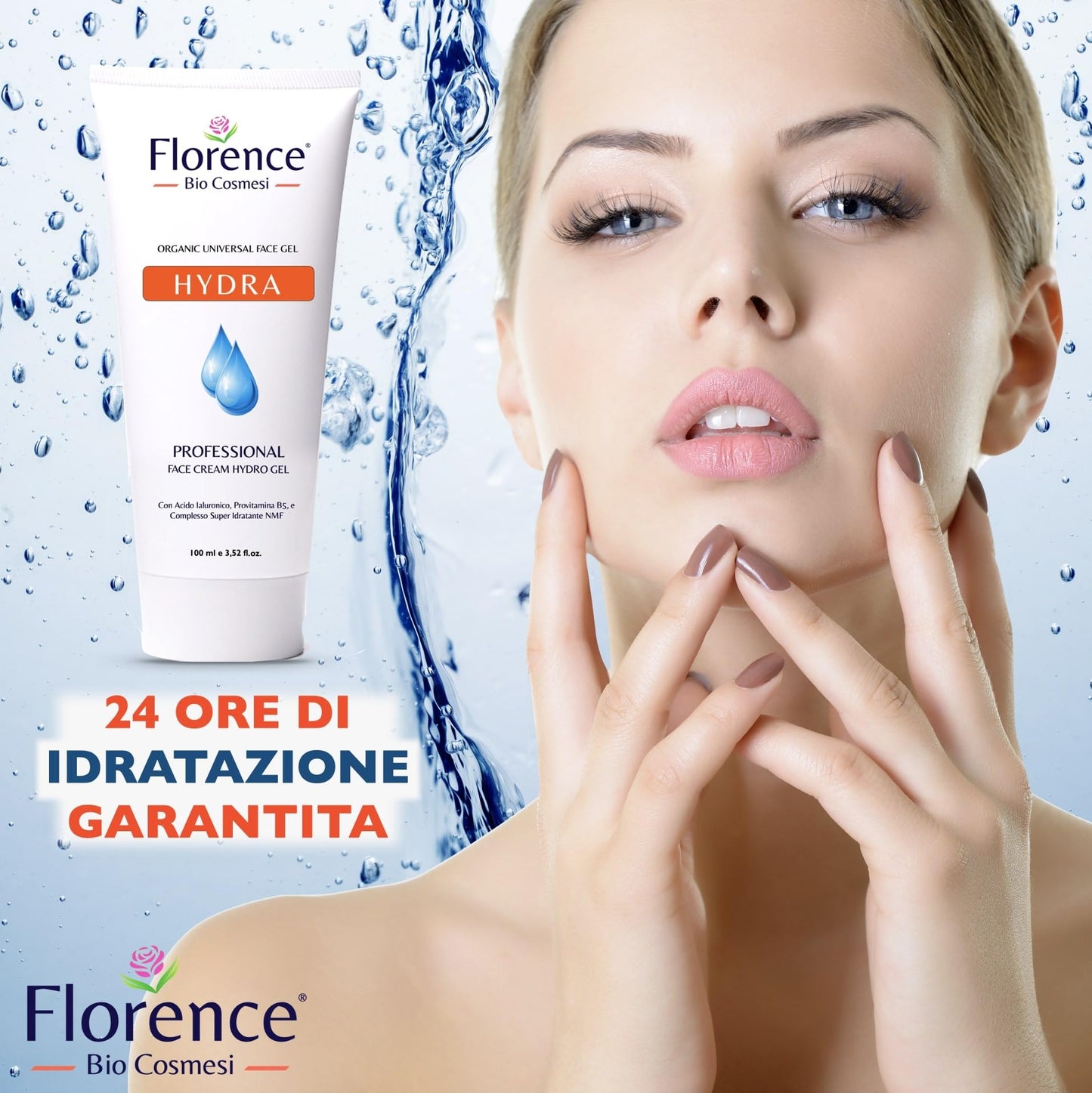 Crema Gel Viso con Ingredienti Antirughe, Acido Ialuronico e Niacinamide. Idratante Donna e Uomo, Hydra Florence Organic Face per Pelle Luminosa, Rivitalizzata e Levigata Texture Leggera,100 ml