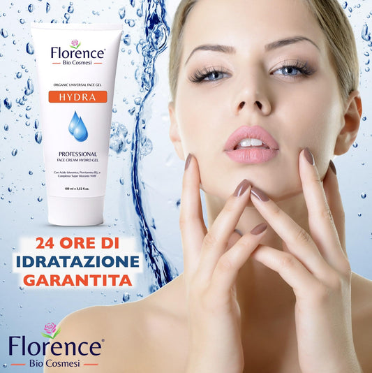 Crema Gel Viso con Ingredienti Antirughe, Acido Ialuronico e Niacinamide. Idratante Donna e Uomo, Hydra Florence Organic Face per Pelle Luminosa, Rivitalizzata e Levigata Texture Leggera,100 ml