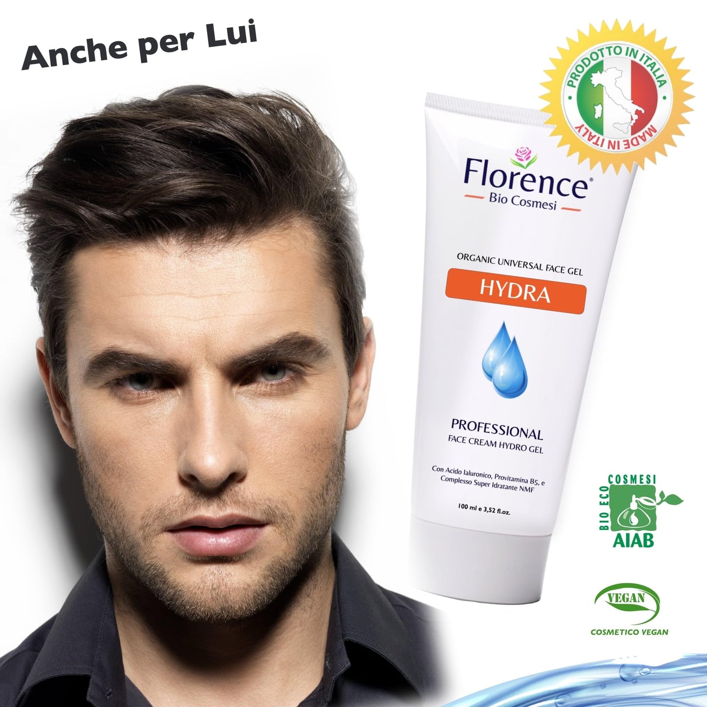 Crema Gel Viso con Ingredienti Antirughe, Acido Ialuronico e Niacinamide. Idratante Donna e Uomo, Hydra Florence Organic Face per Pelle Luminosa, Rivitalizzata e Levigata Texture Leggera,100 ml