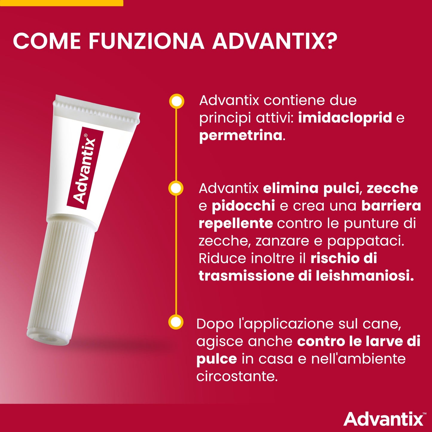 Advantix® Spot-on antiparassitario per Cani da 25 kg a 40 Kg, 4 pipette da 4,0 ml. Elimina zecche, pulci, pidocchi in casa. Protegge da zanzare, pappataci e rischio di leishmaniosi.