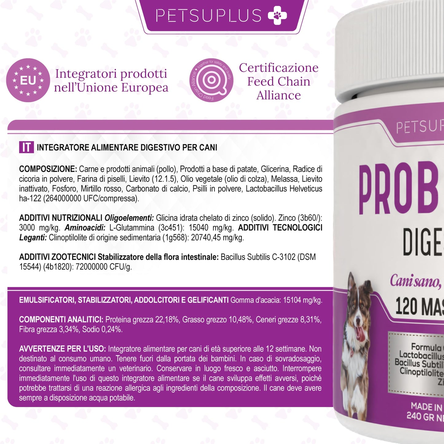 PETSUPLUS Probiotici per Cani - Fermenti Lattici Cane - 120 masticabili - Ripristina la Flora Intestinale, Protegge il Sistema Immunitario e previene Malattie - Combatte Diarrea, Gas, Vomito