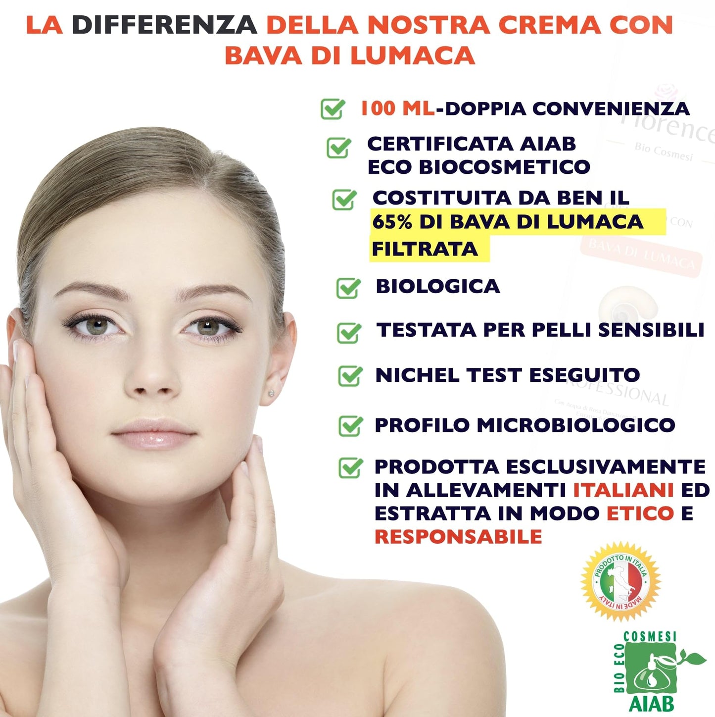 100ml. Bio Crema con Bava di Lumaca al 65%, Acido Ialuronico Puro 100%, Vitamina C, E. Ingredienti a Nota Azione Antietà, Cicatrizzante e Antimacchia per Viso, Collo e Contorno Occhi.
