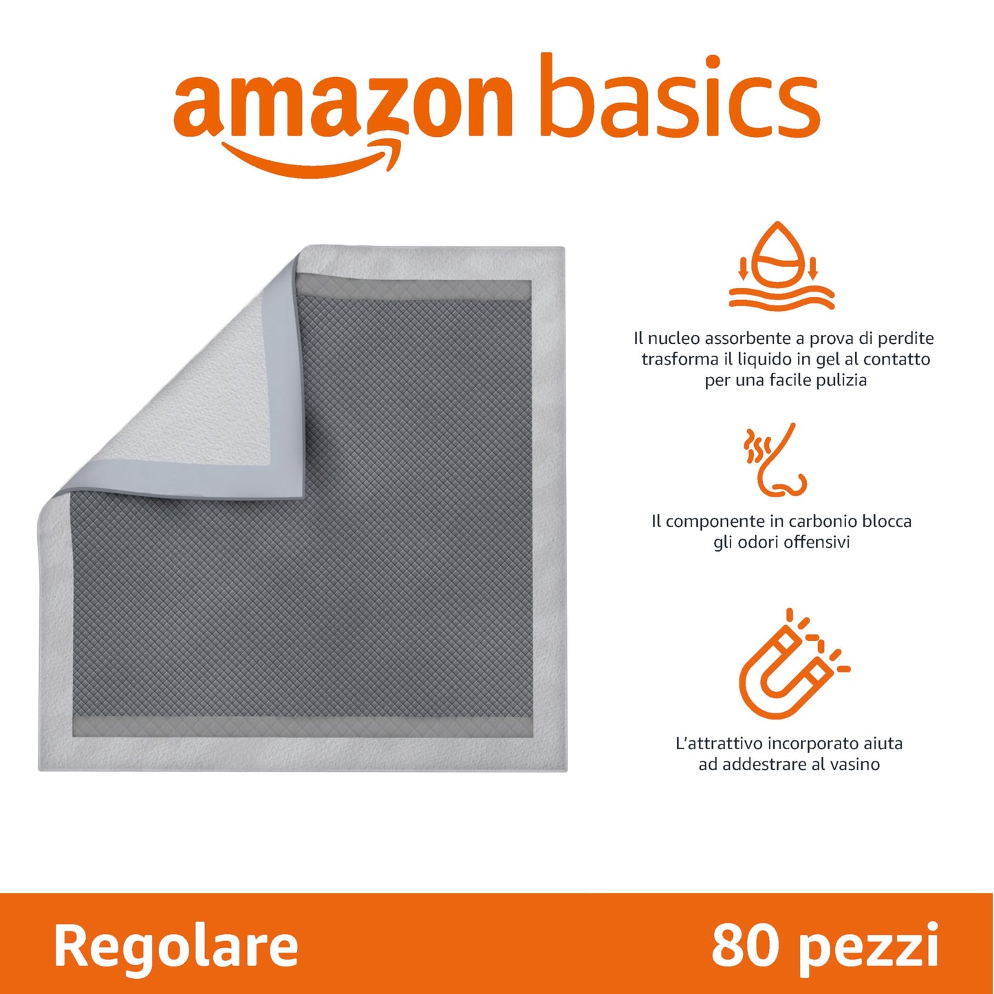 Amazon Basics Tappetini al carbone con controllo degli odori per l'addestramento di cani e cuccioli, a prova di perdite con superficie ad asciugatura rapida, Standard (confezione da 80), Bianco