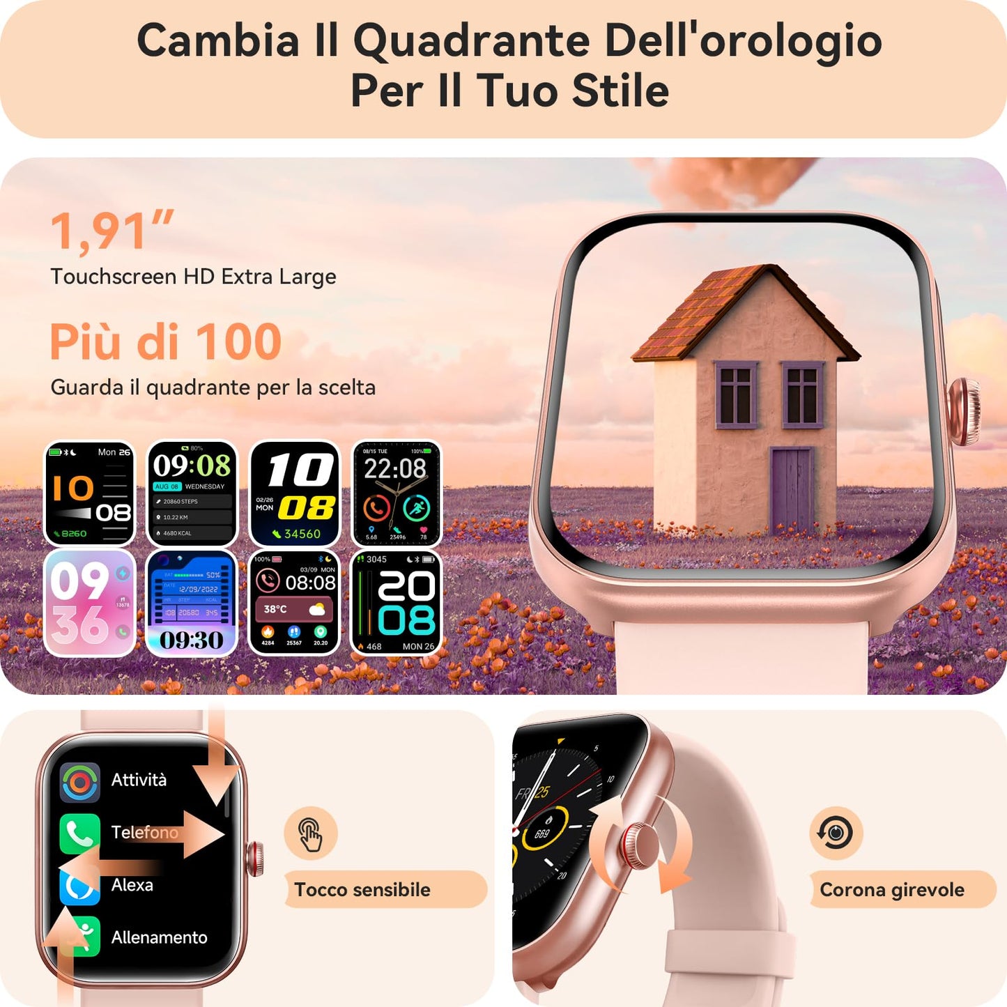 Orologio Smartwatch Donna- 1.91" Smartwatch con Chiamata Bluetooth Alexa, 24H Sonno Cardiofrequenzimetro Spo2, 120 Modalità Sport, Impermeabile IP68 Sportivo Digitale Contapassi Donna per Android iOS