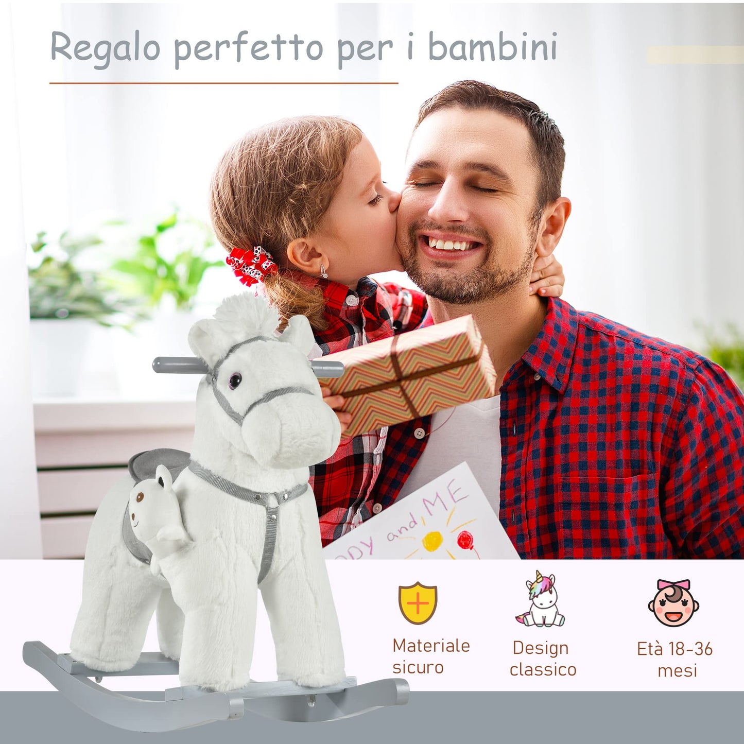 HOMCOM Cavallo a Dondolo per Bambini in Peluche e Legno con Suoni e Orsetto Incluso, per Bimbi da 18-36 Mesi, 65x26x55cm, Bianco