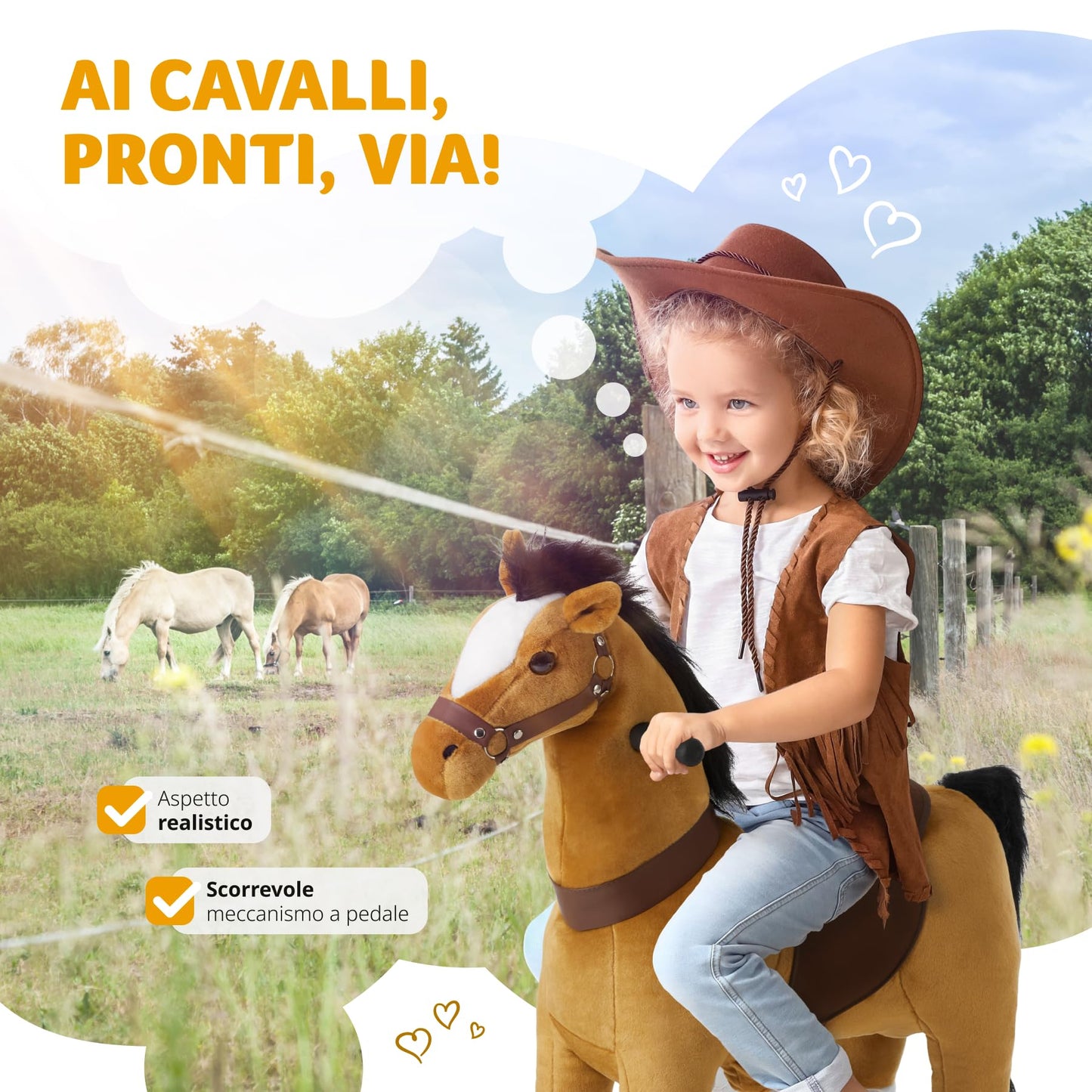 tectake® Cavallo a Dondolo con Ruote Scorrevoli, Cavallo a Dondolo per Bambini Realistico, Cavalluccio a Dondolo con Telaio in Acciaio, Cavallo Peluche Antiscivolo - 34x89x100 cm