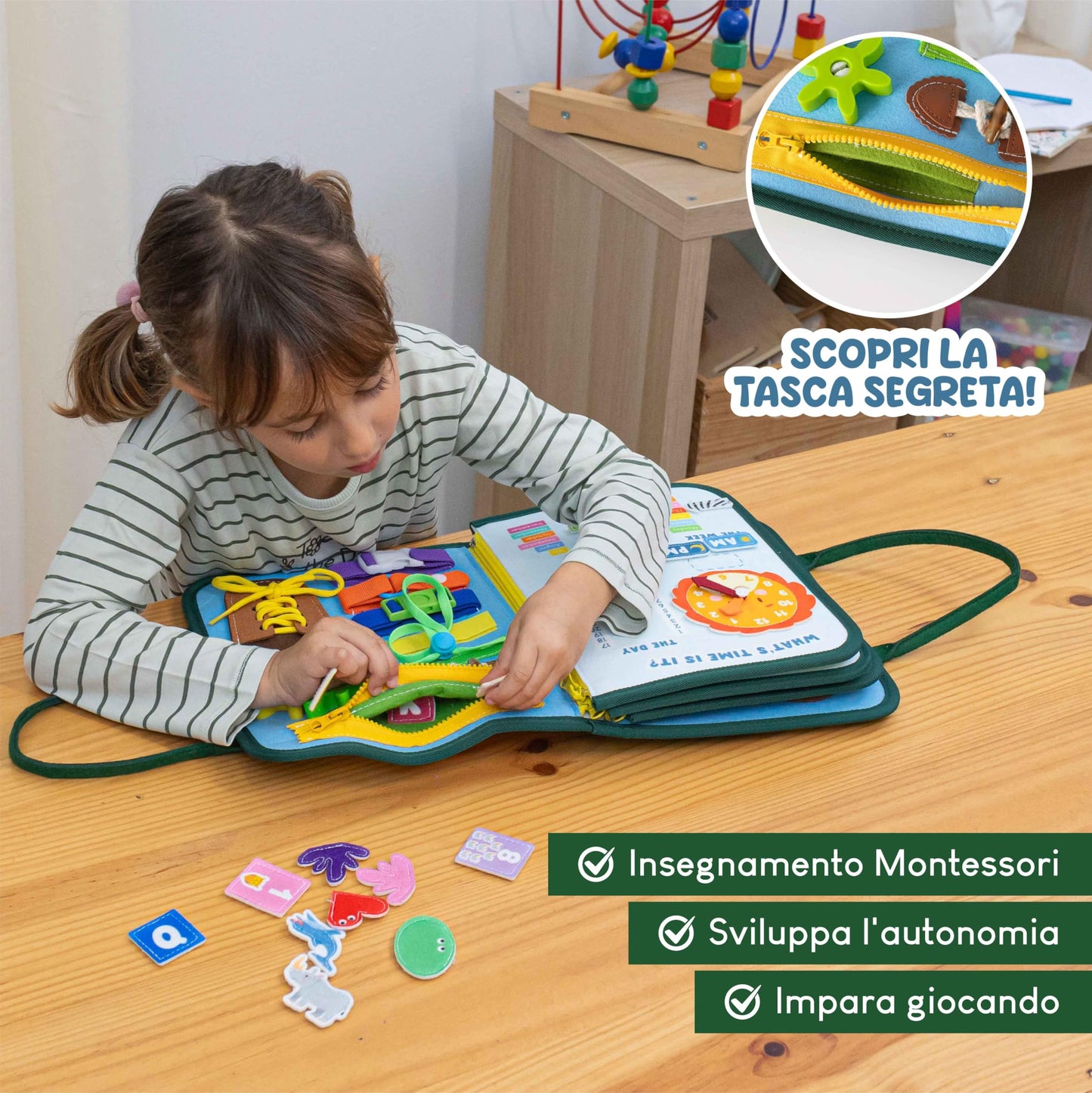 BONNYCO Montessori Busy Board di Feltro Giochi Montessori Didattici, Pannello Sensoriale Bambini Montessori Board Valigetta Montessori | Giochi Bambini Bimba Bimbo Regalo Bambino Compleanno Natale