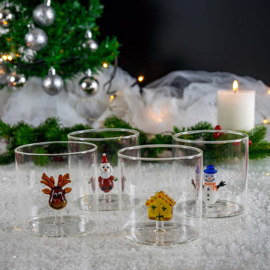 Set of Christmas Glass Glasses with Colored Subjects